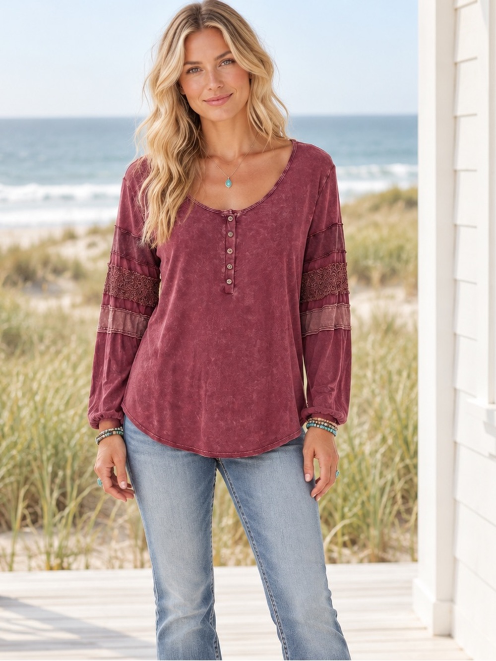 BKE Boho Minimalist Long Sleeve Henley Top in Dusty Berry
